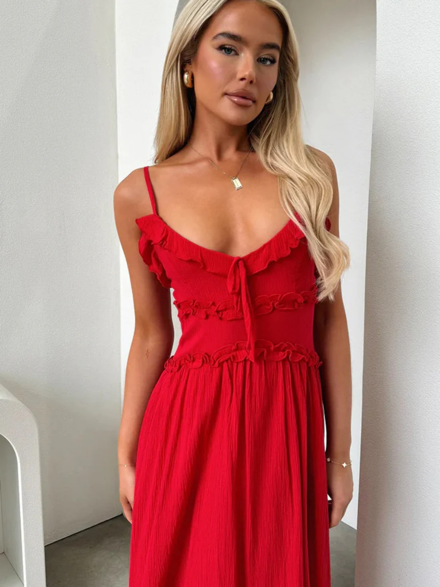 Ruffle Solid Color Camisoles Bandage Maxi Dresses - Image 10