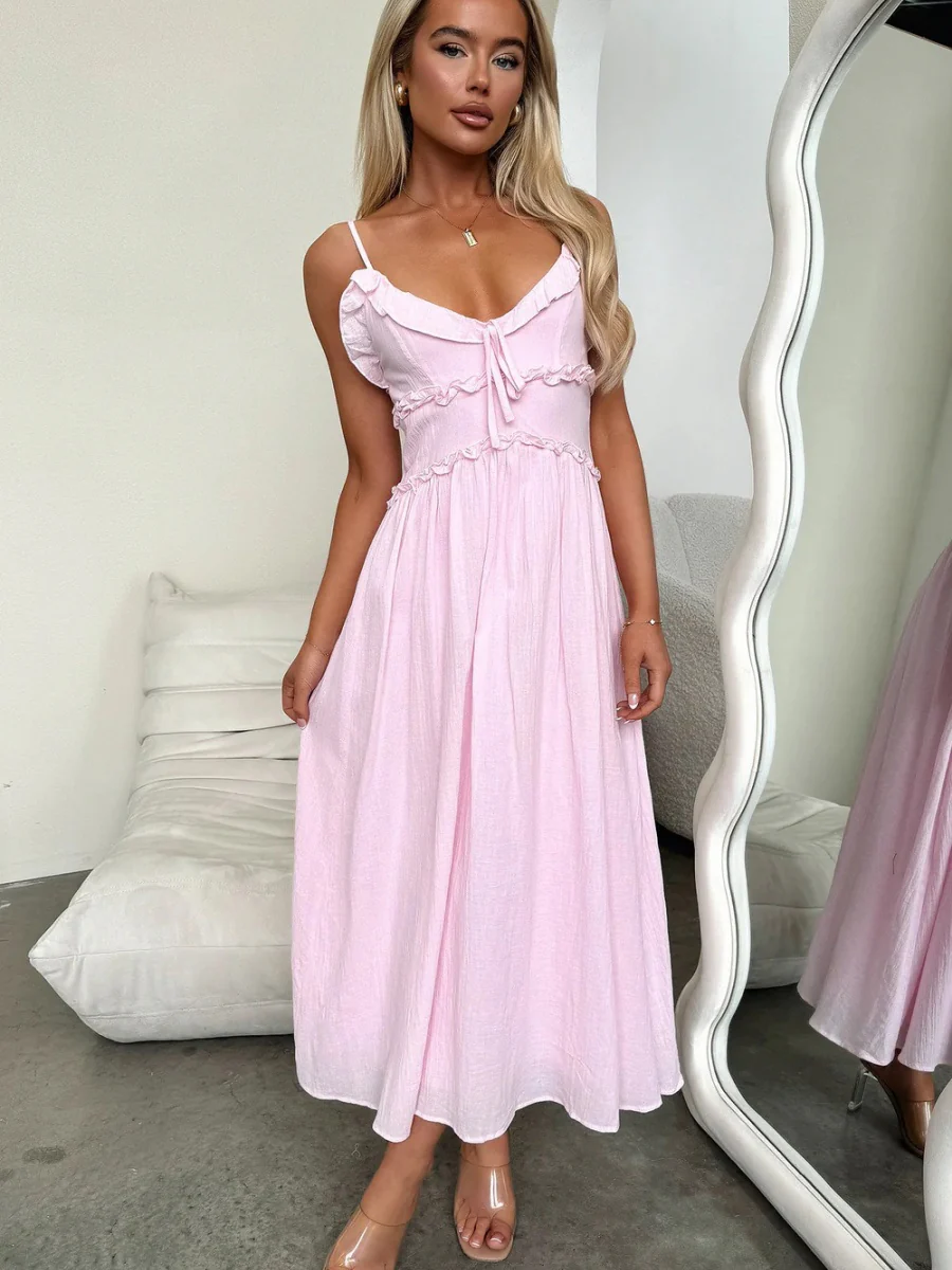 Ruffle Solid Color Camisoles Bandage Maxi Dresses - Image 2
