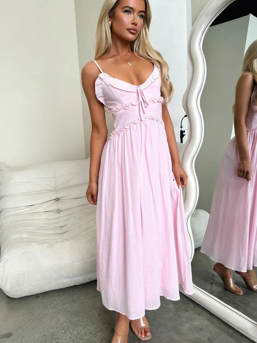 Ruffle Solid Color Camisoles Bandage Maxi Dresses - Image 3