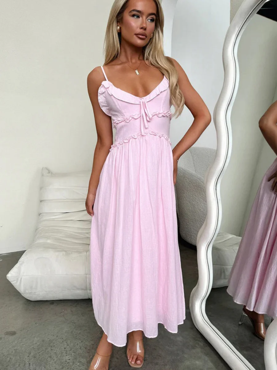Ruffle Solid Color Camisoles Bandage Maxi Dresses - Image 4