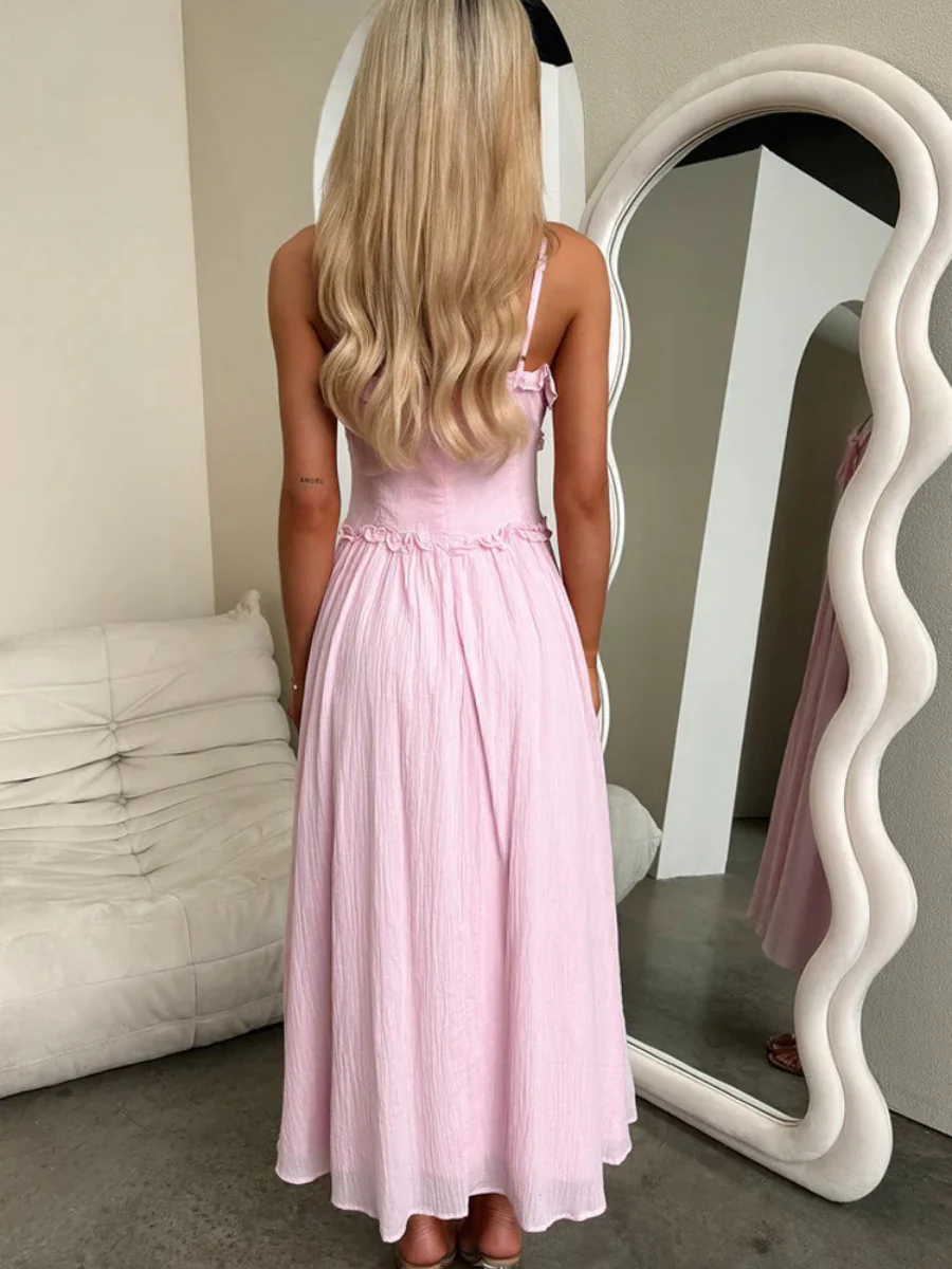 Ruffle Solid Color Camisoles Bandage Maxi Dresses - Image 6