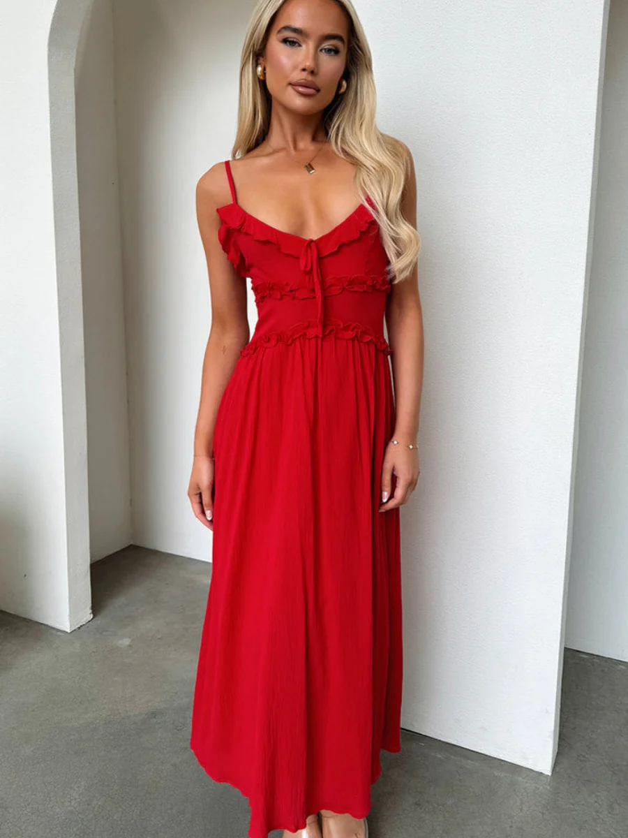 Ruffle Solid Color Camisoles Bandage Maxi Dresses - Image 7