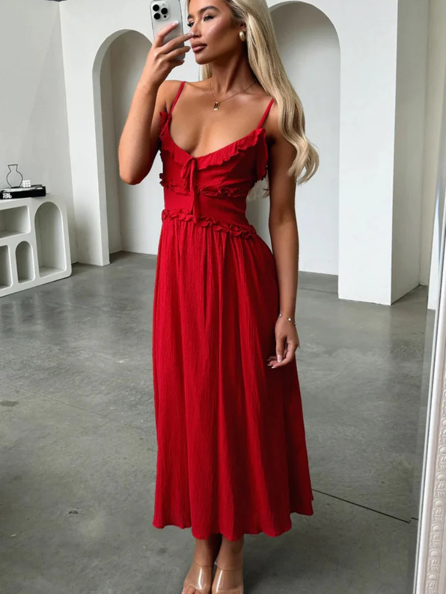Ruffle Solid Color Camisoles Bandage Maxi Dresses - Image 8