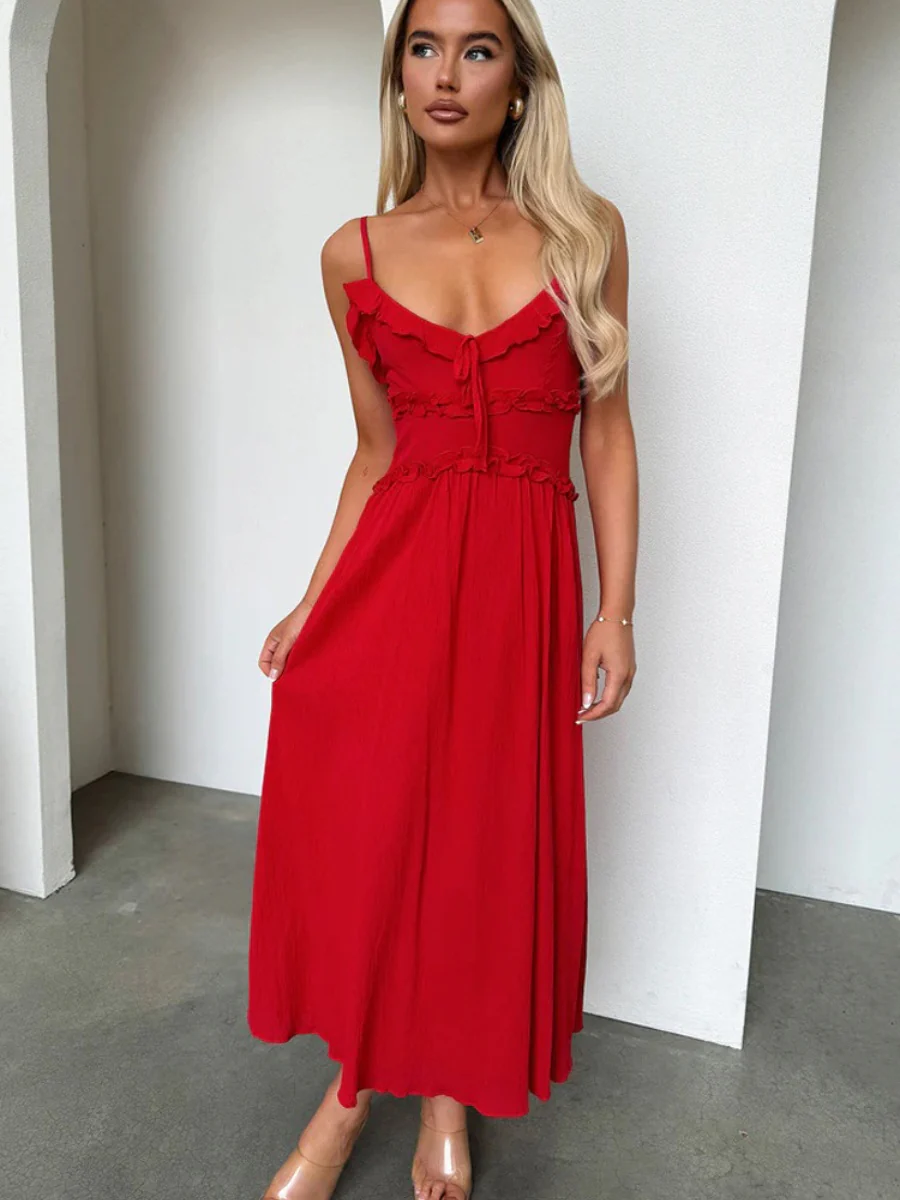 Ruffle Solid Color Camisoles Bandage Maxi Dresses - Image 9