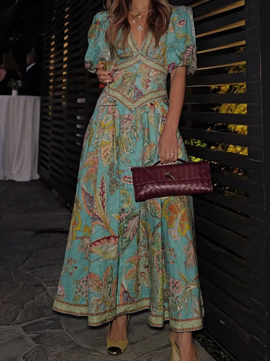 Printed Balloon Sleeve V-neck Temperament Waist Maxi Dresses - Image 5