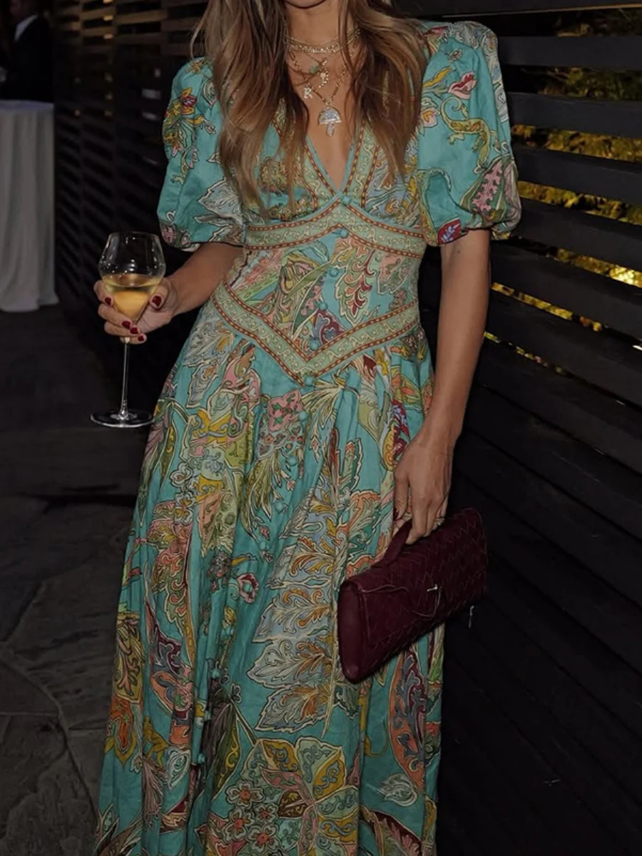 Printed Balloon Sleeve V-neck Temperament Waist Maxi Dresses - Image 6