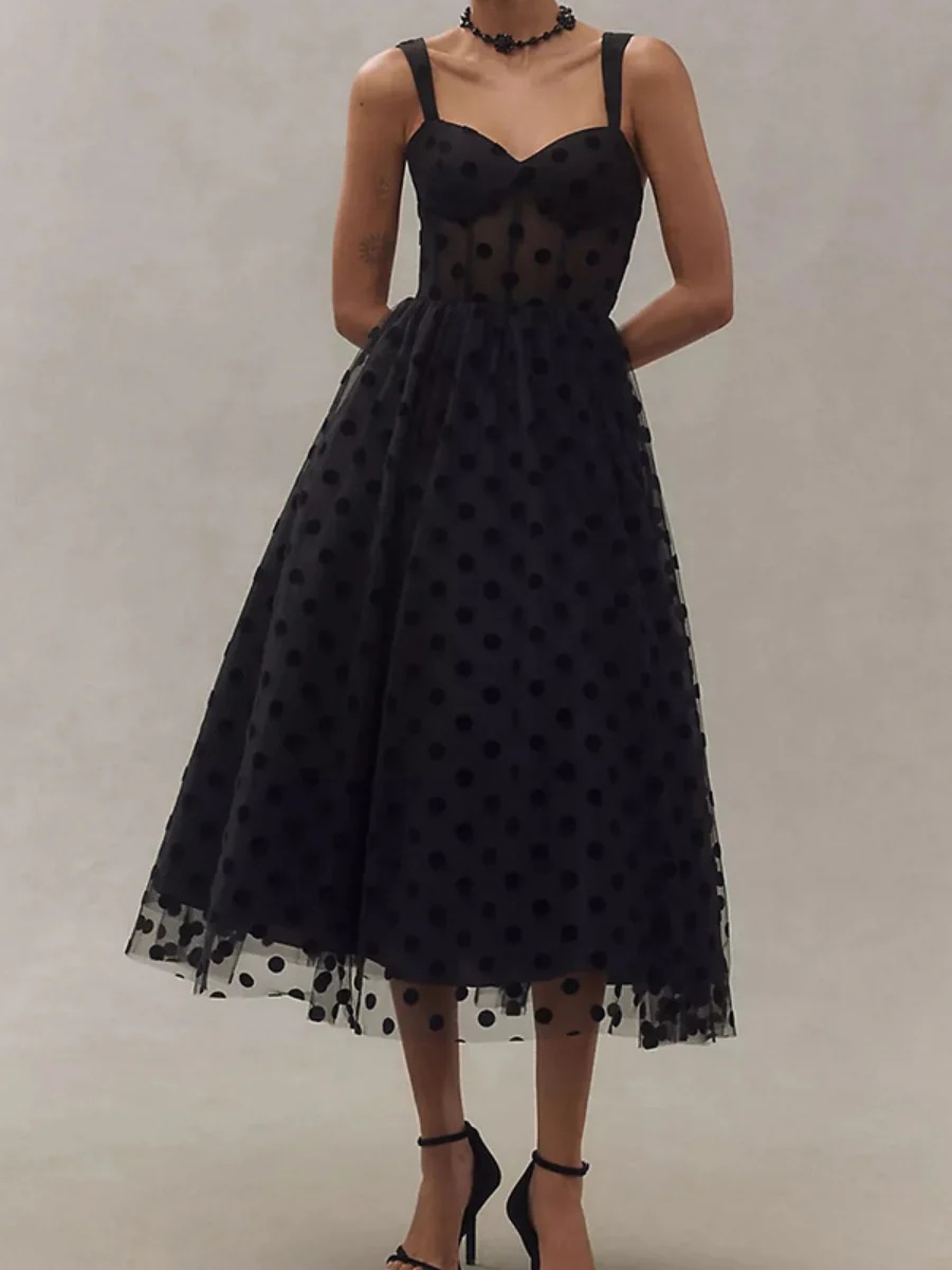 Mesh Polka Dots Temperament Little Black Dress Reunion Maxi Dresses