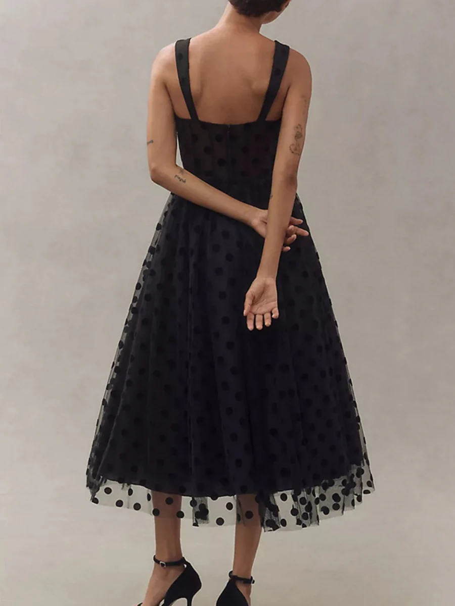 Mesh Polka Dots Temperament Little Black Dress Reunion Maxi Dresses - Image 3