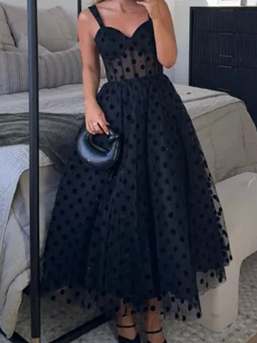 Mesh Polka Dots Temperament Little Black Dress Reunion Maxi Dresses - Image 4