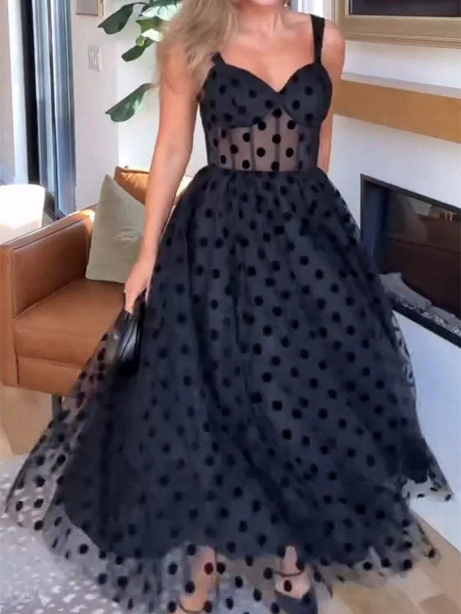 Mesh Polka Dots Temperament Little Black Dress Reunion Maxi Dresses - Image 7