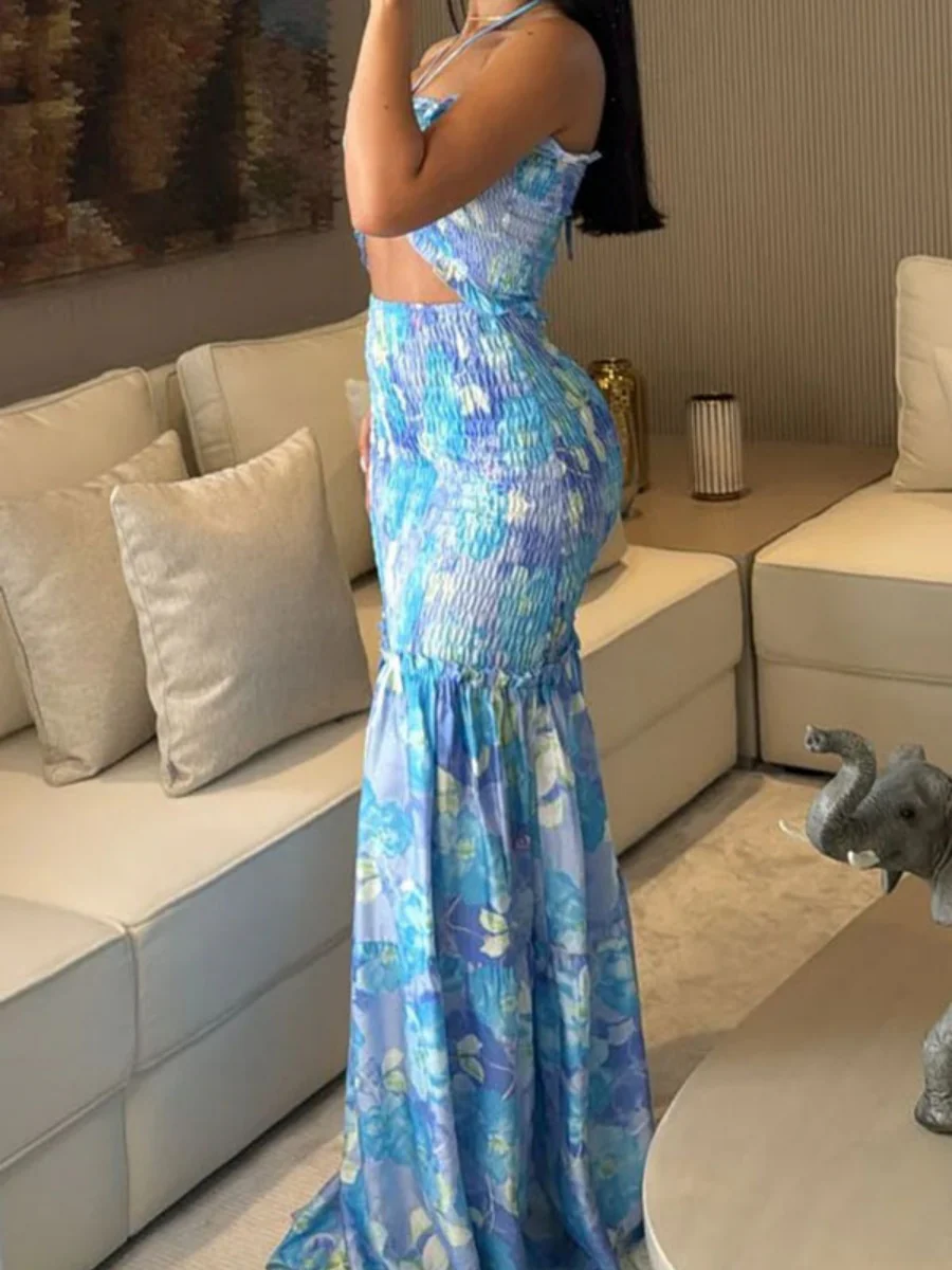 Lace Up Printed Hollow Bare Waist Exclusive Maxi Dresses - Image 2