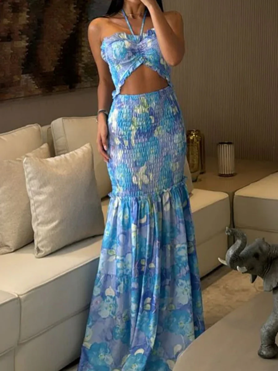 Lace Up Printed Hollow Bare Waist Exclusive Maxi Dresses - Image 3