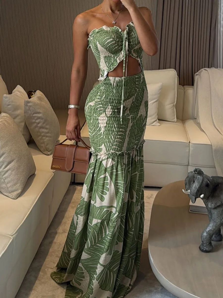 Lace Up Printed Hollow Bare Waist Exclusive Maxi Dresses - Image 4