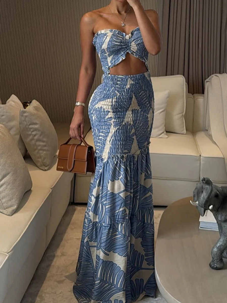 Lace Up Printed Hollow Bare Waist Exclusive Maxi Dresses - Image 5