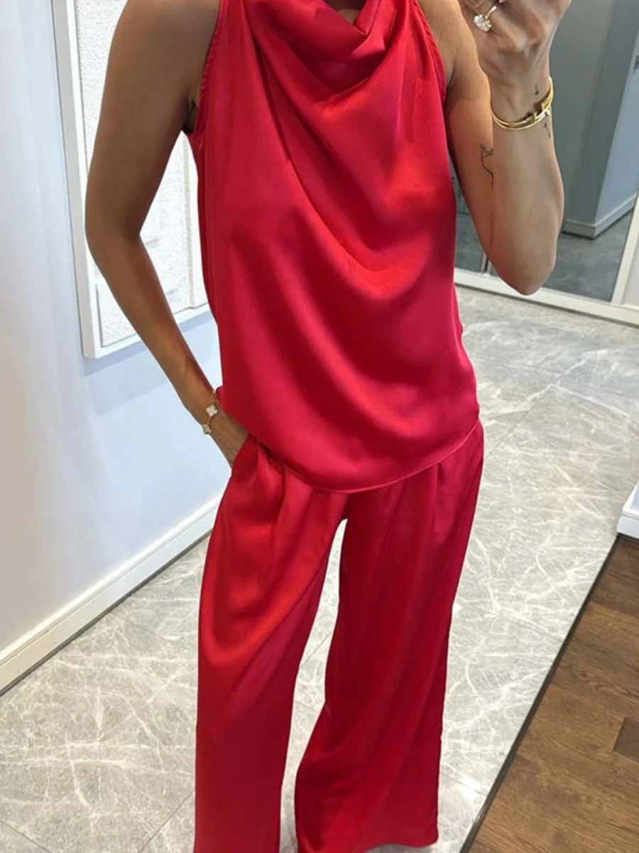Swing Collar Sleeveless Top Straight-leg Trousers Set 2-piece Sets - Image 7