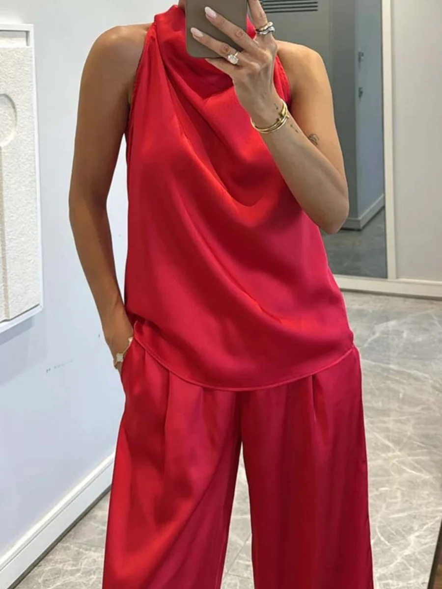 Swing Collar Sleeveless Top Straight-leg Trousers Set 2-piece Sets - Image 8