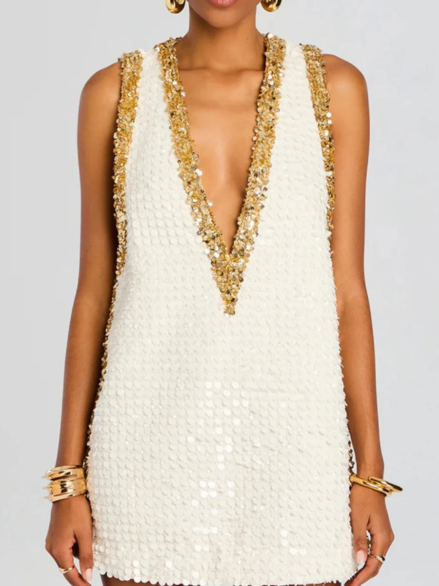 V-neck Rhinestone-studded Sleeveless Temperament Grace Parties Mini&Short Dresses - Image 2