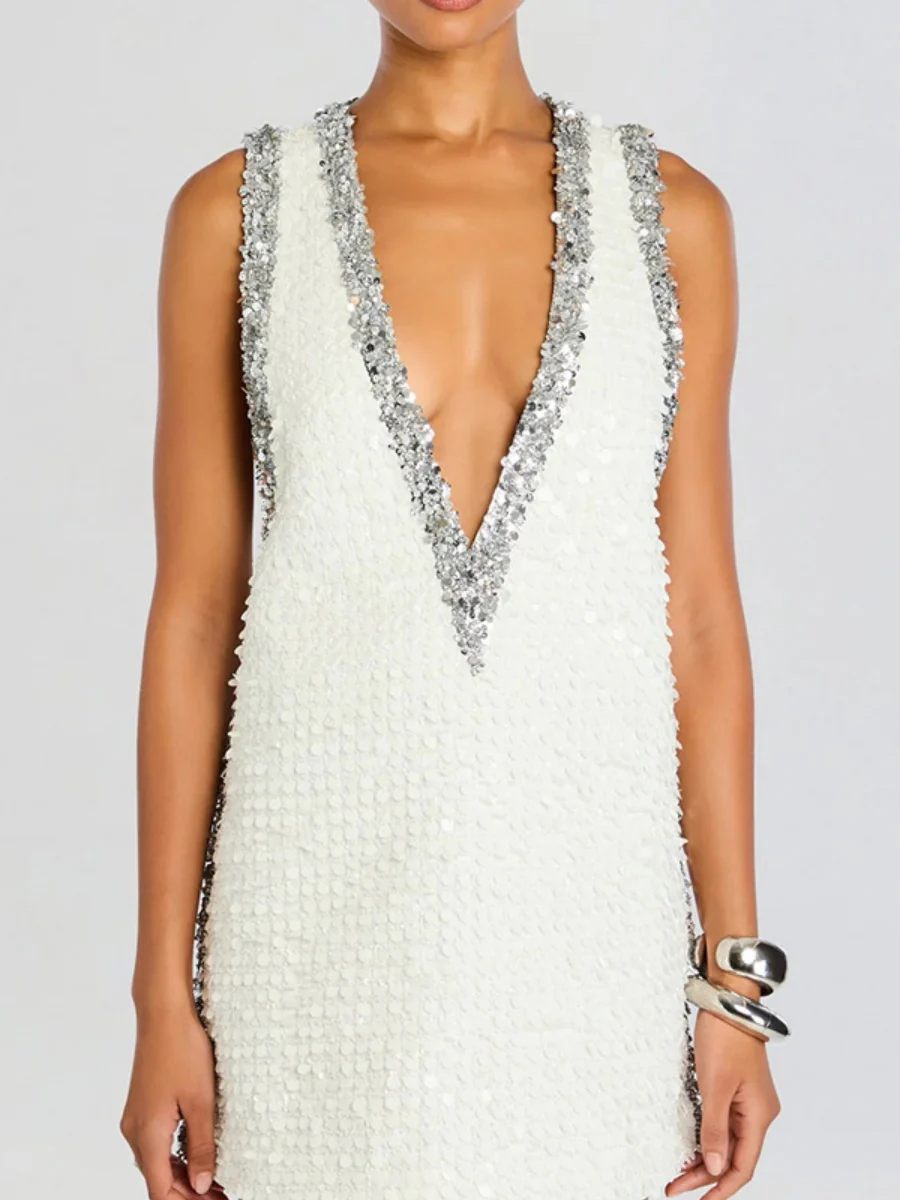 V-neck Rhinestone-studded Sleeveless Temperament Grace Parties Mini&Short Dresses - Image 5