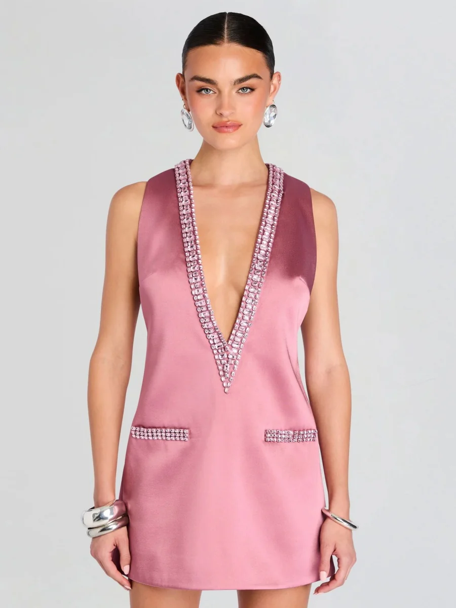 V-neck Rhinestone-studded Sleeveless Temperament Grace Parties Mini&Short Dresses - Image 5
