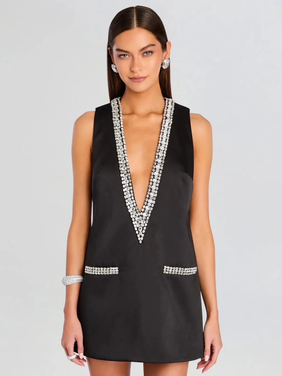 V-neck Rhinestone-studded Sleeveless Temperament Grace Parties Mini&Short Dresses - Image 9