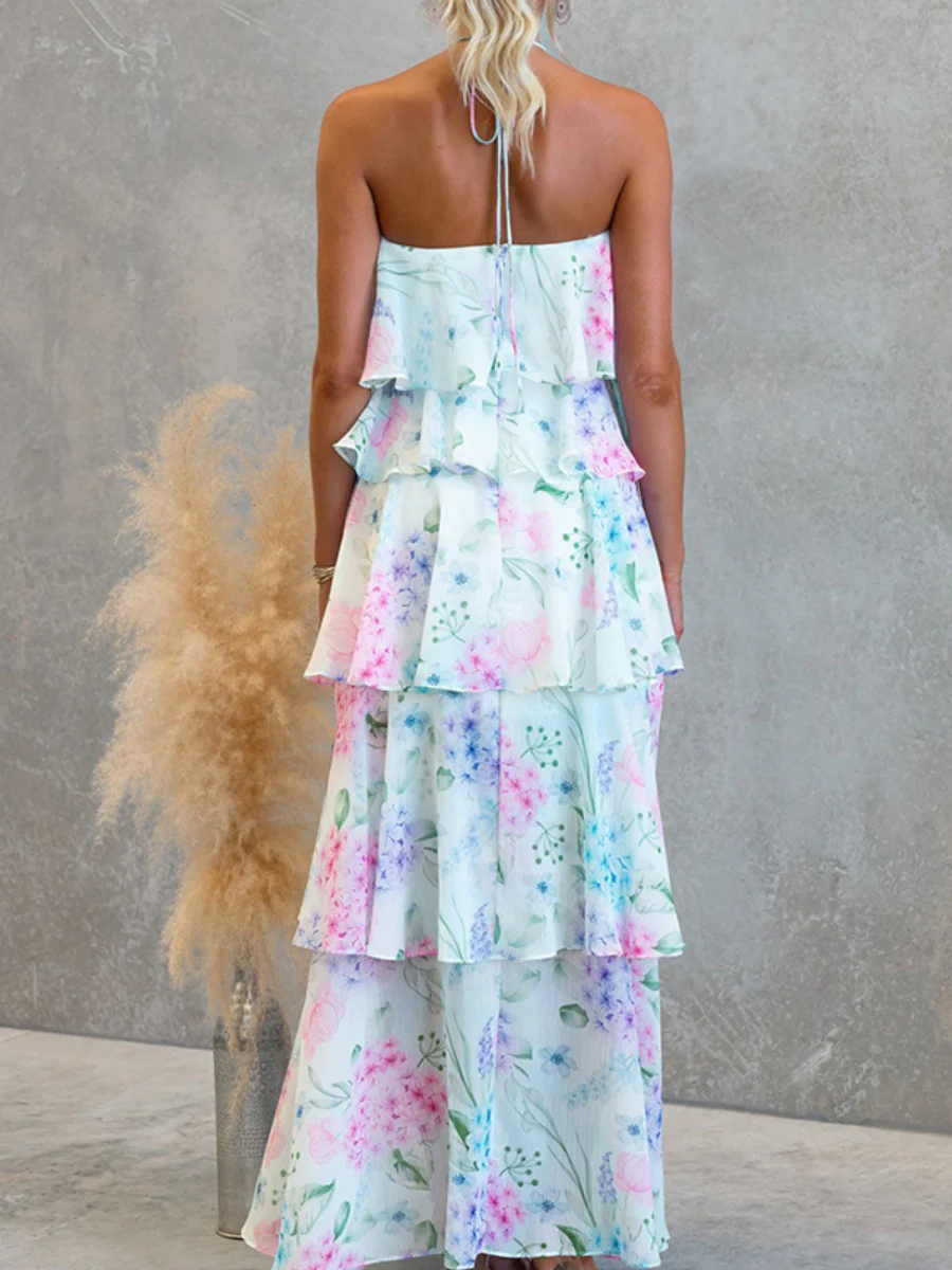 Chiffon Multi-story Halter Printed Vacation Maxi Dresses - Image 11