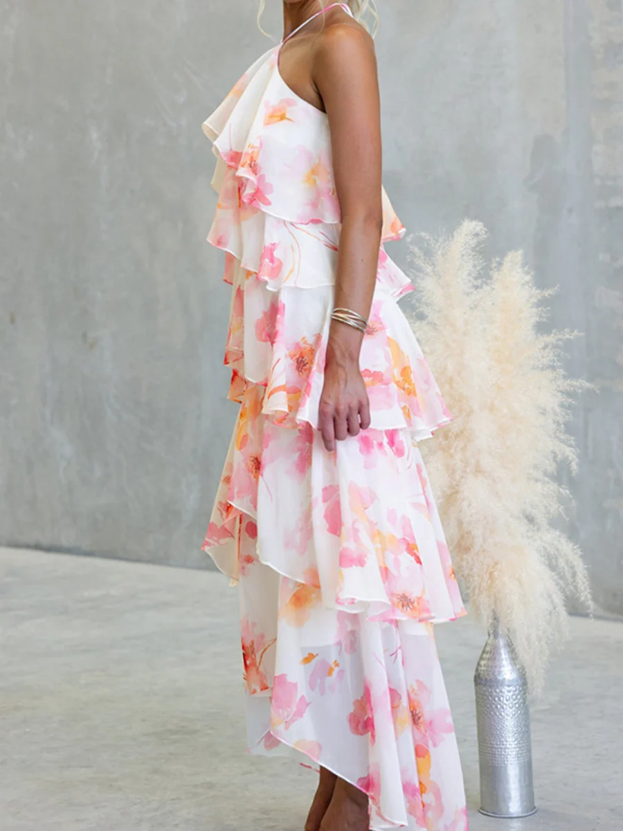 Chiffon Multi-story Halter Printed Vacation Maxi Dresses - Image 5