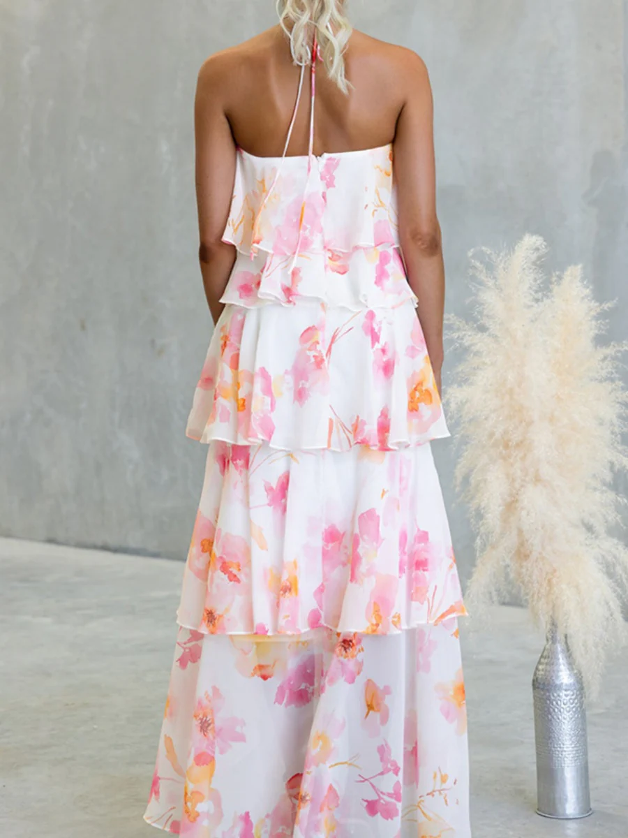 Chiffon Multi-story Halter Printed Vacation Maxi Dresses - Image 6