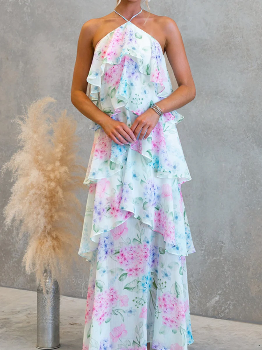 Chiffon Multi-story Halter Printed Vacation Maxi Dresses - Image 8