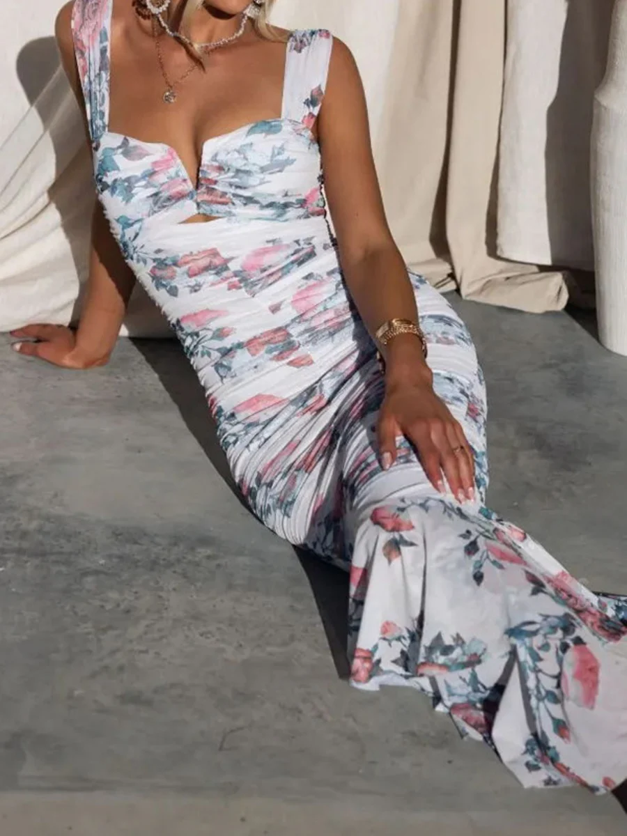 Printed Gathering Camisoles V-neck Ruffle Maxi Dresses - Image 11