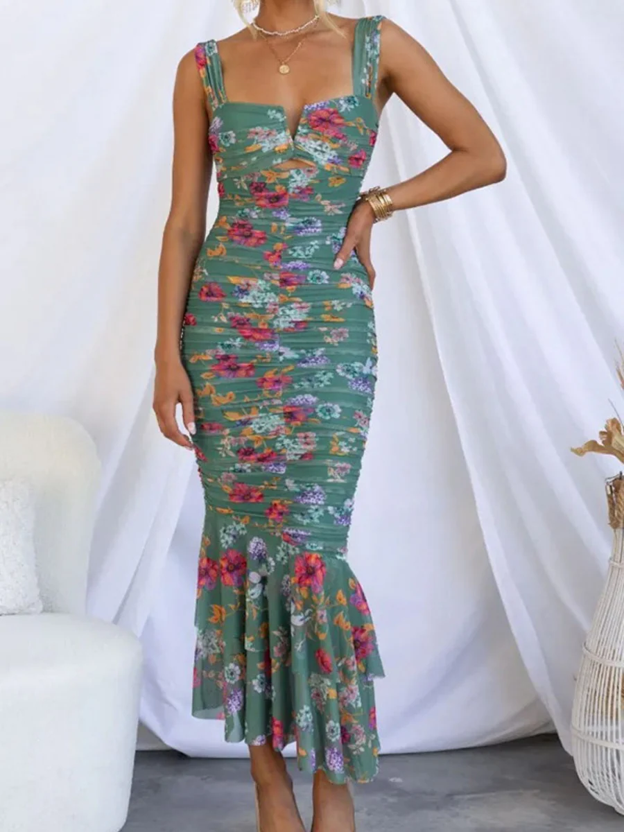 Printed Gathering Camisoles V-neck Ruffle Maxi Dresses - Image 2