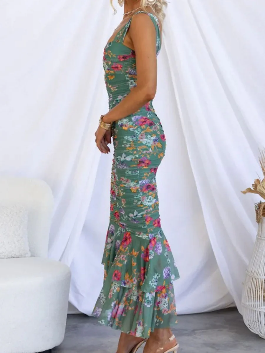 Printed Gathering Camisoles V-neck Ruffle Maxi Dresses - Image 4