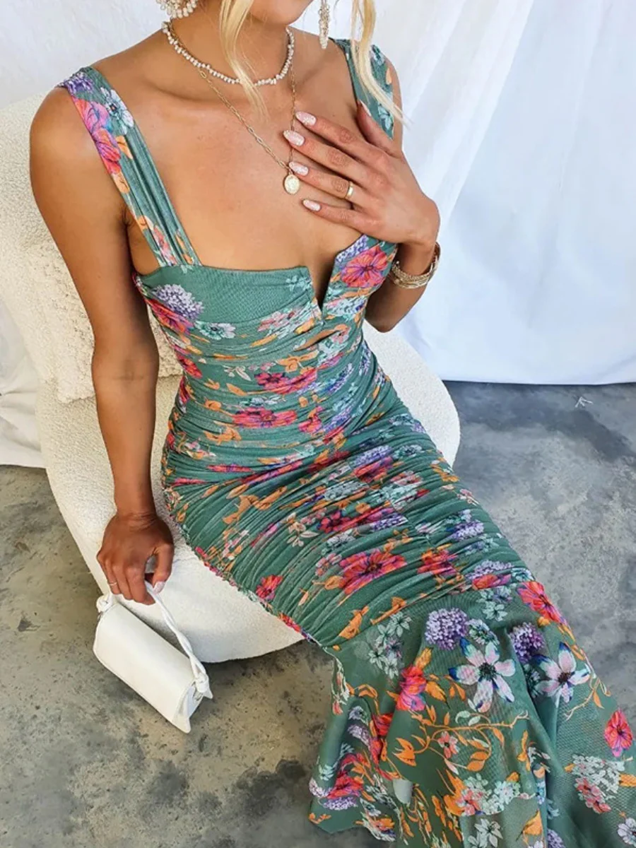 Printed Gathering Camisoles V-neck Ruffle Maxi Dresses - Image 5
