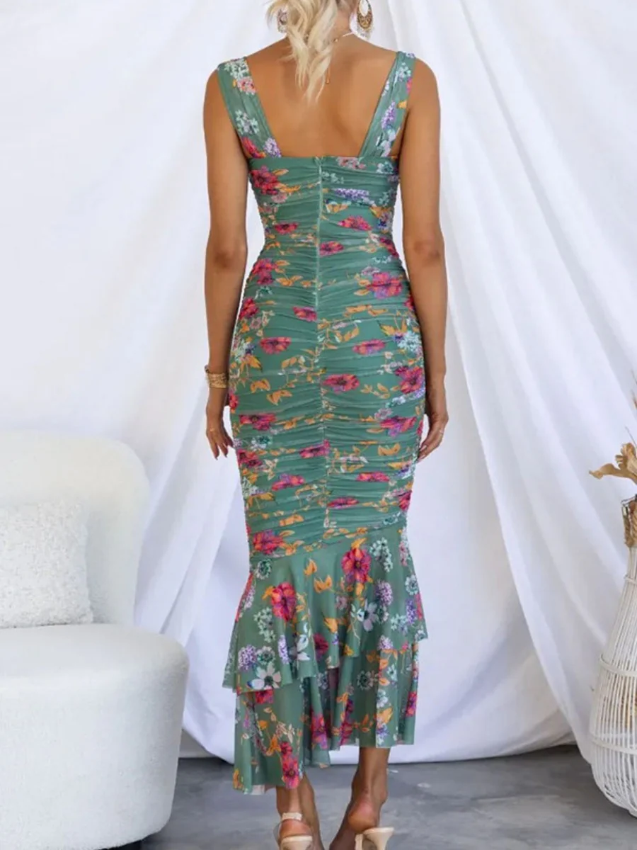 Printed Gathering Camisoles V-neck Ruffle Maxi Dresses - Image 6