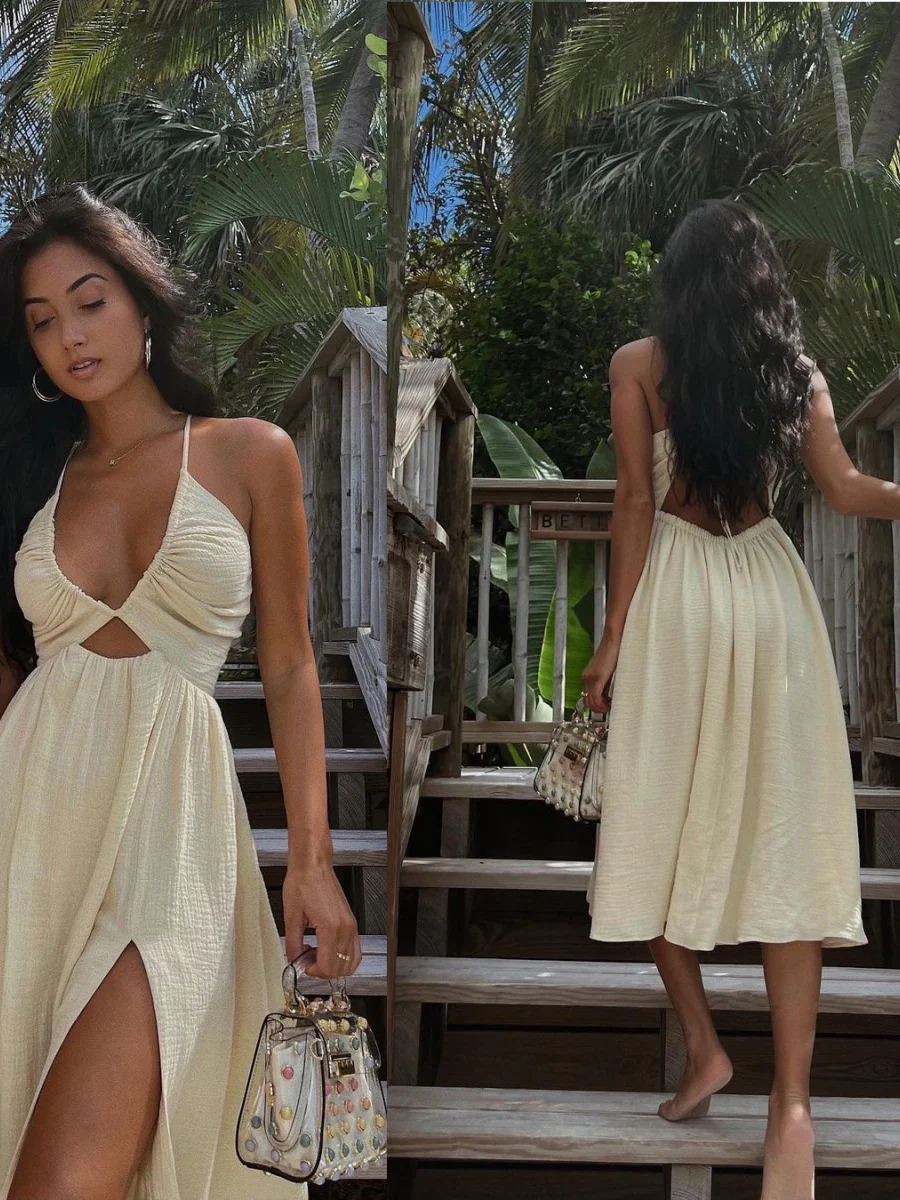 Thin Strap Hollow Slit V-neck Vacation Maxi Dresses - Image 4