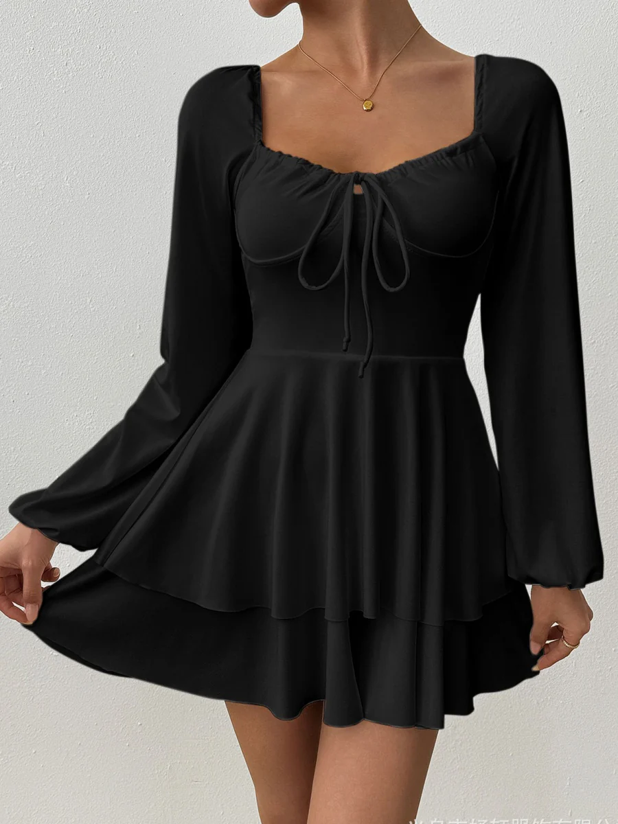 Temperament Grace Ruffle Long Sleeve Backless Lace Up Mini&Short Dresses - Image 12