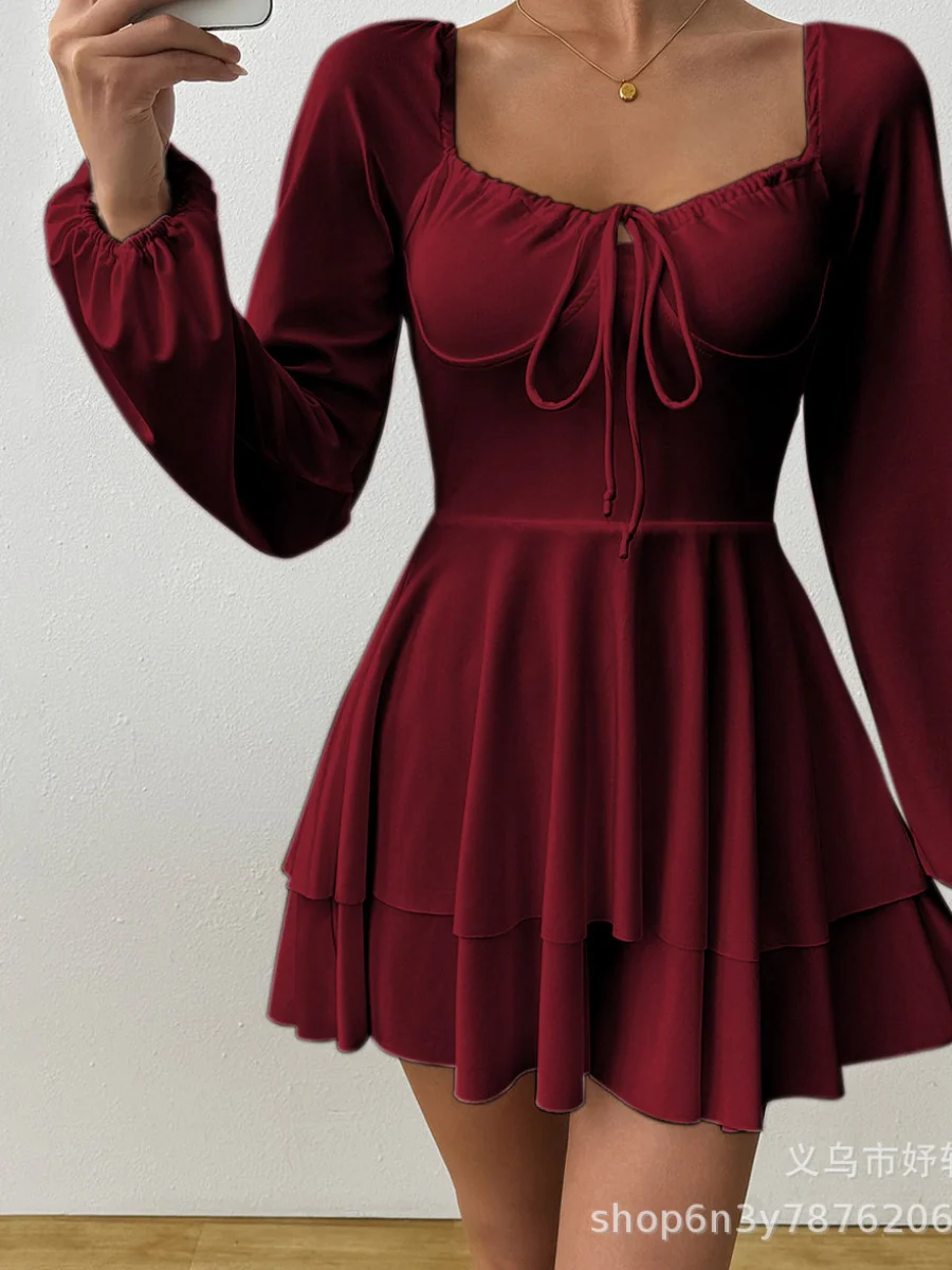 Temperament Grace Ruffle Long Sleeve Backless Lace Up Mini&Short Dresses - Image 13