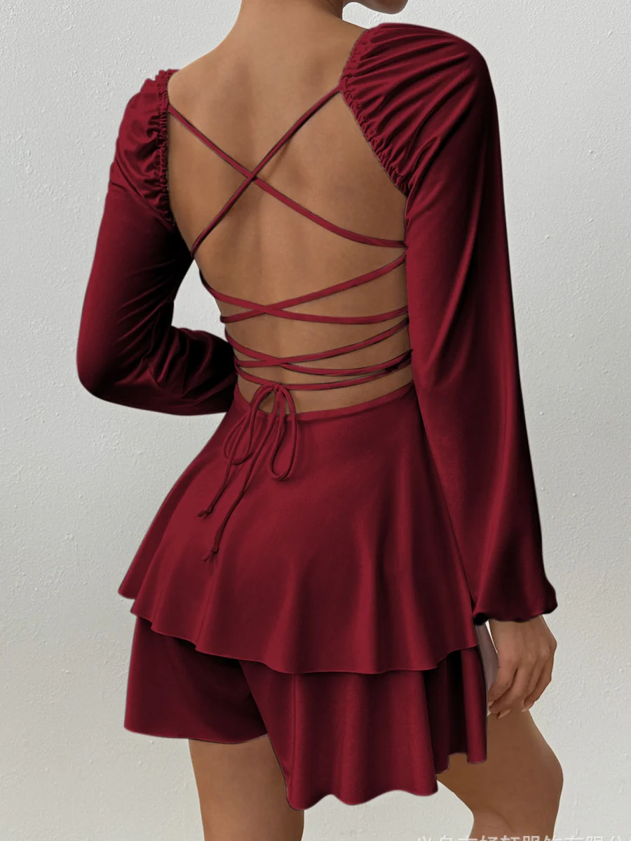 Temperament Grace Ruffle Long Sleeve Backless Lace Up Mini&Short Dresses - Image 14