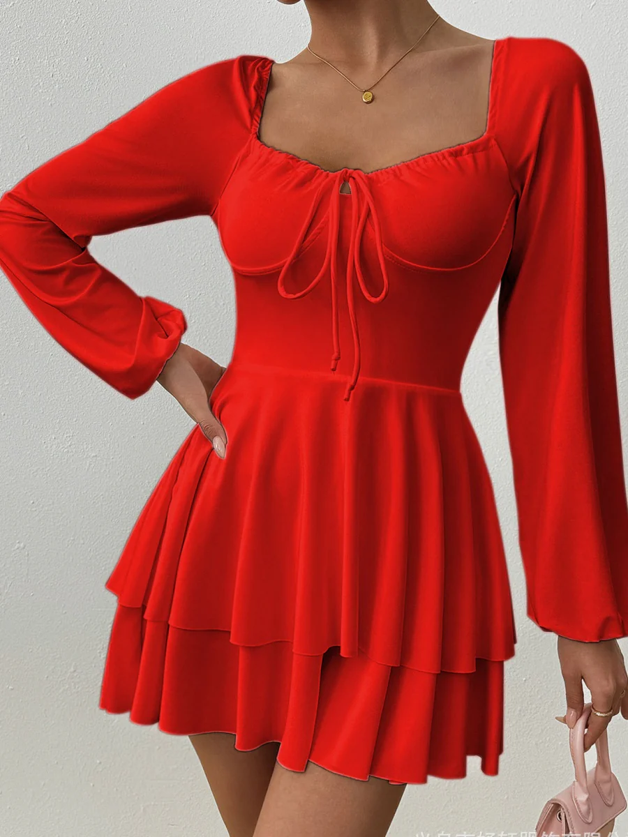 Temperament Grace Ruffle Long Sleeve Backless Lace Up Mini&Short Dresses - Image 15
