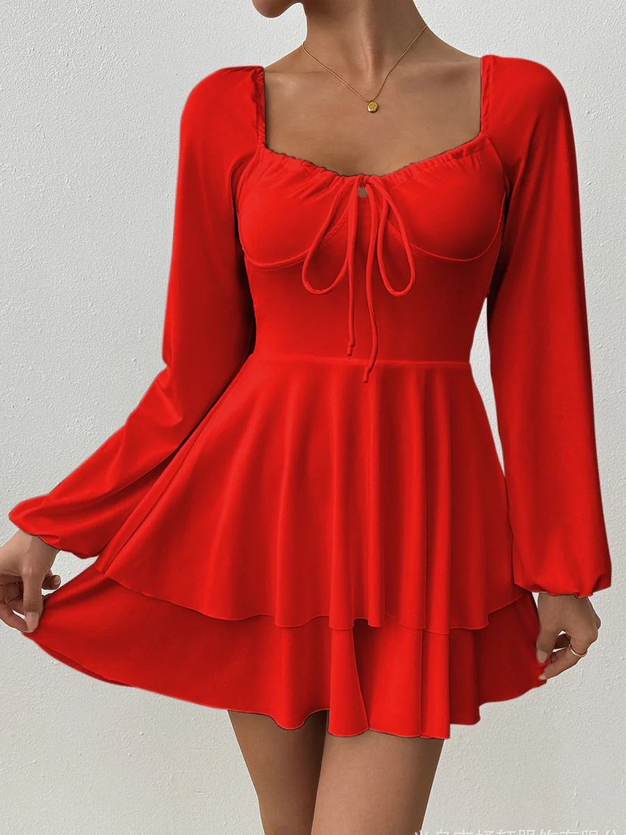 Temperament Grace Ruffle Long Sleeve Backless Lace Up Mini&Short Dresses - Image 16