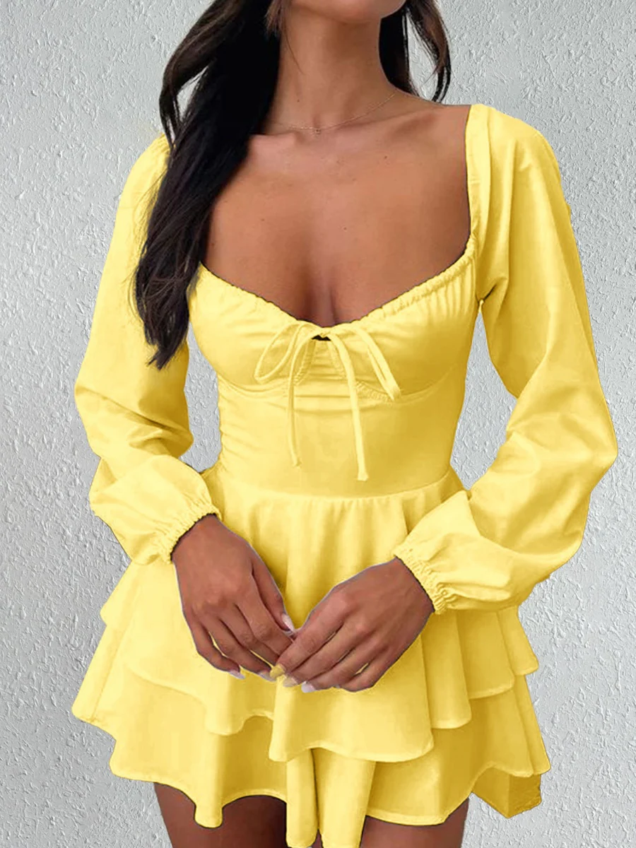 Temperament Grace Ruffle Long Sleeve Backless Lace Up Mini&Short Dresses - Image 9