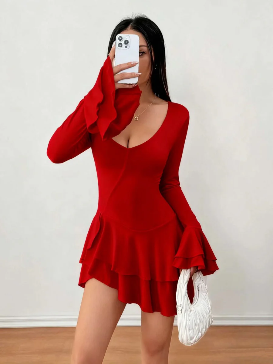 V-neck Long Sleeve Ruffle Mini&Short Dresses - Image 11