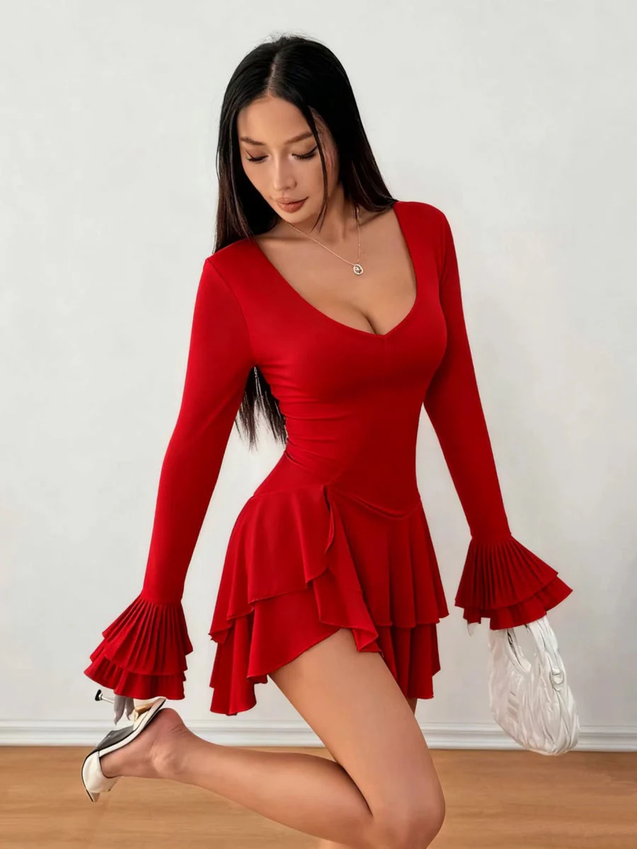 V-neck Long Sleeve Ruffle Mini&Short Dresses - Image 12