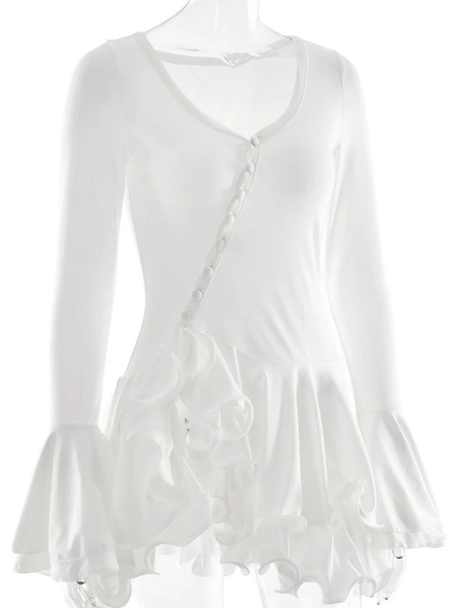 V-neck Long Sleeve Ruffle Mini&Short Dresses - Image 16
