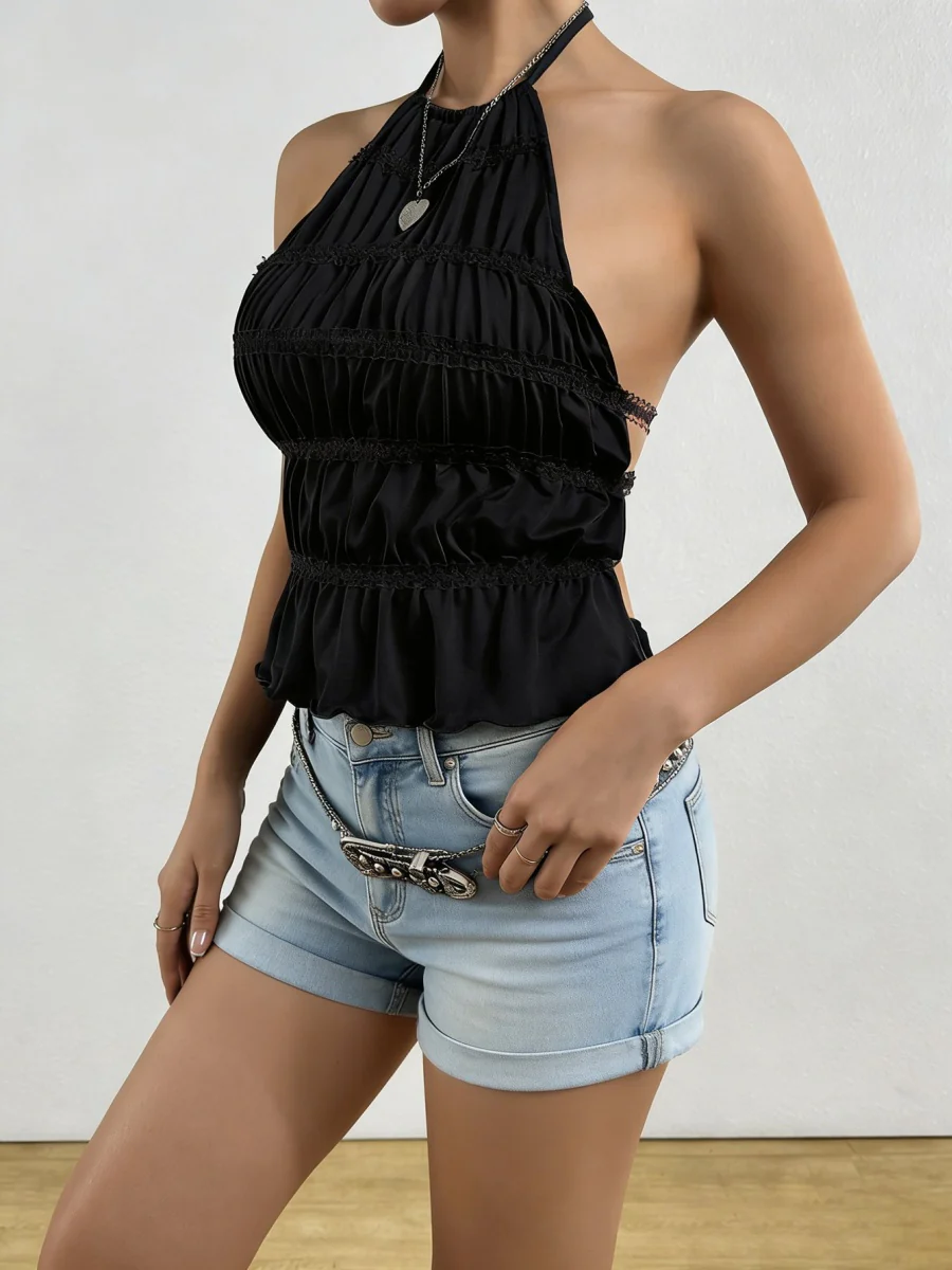 Halter Pleated Backless Lace Up Tank Tops - Image 6