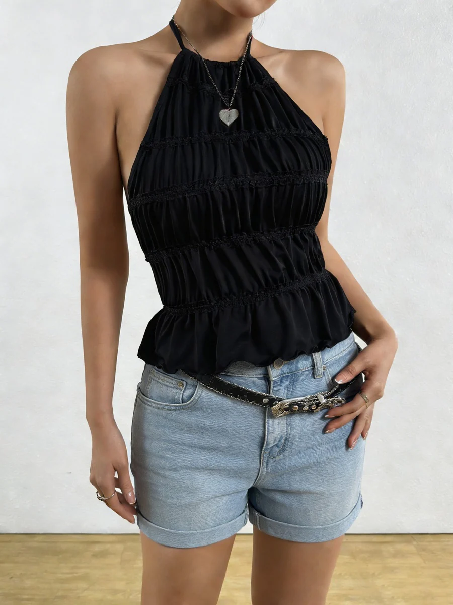 Halter Pleated Backless Lace Up Tank Tops - Image 7
