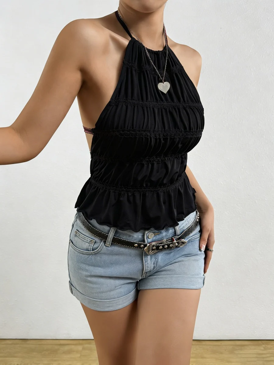 Halter Pleated Backless Lace Up Tank Tops - Image 8