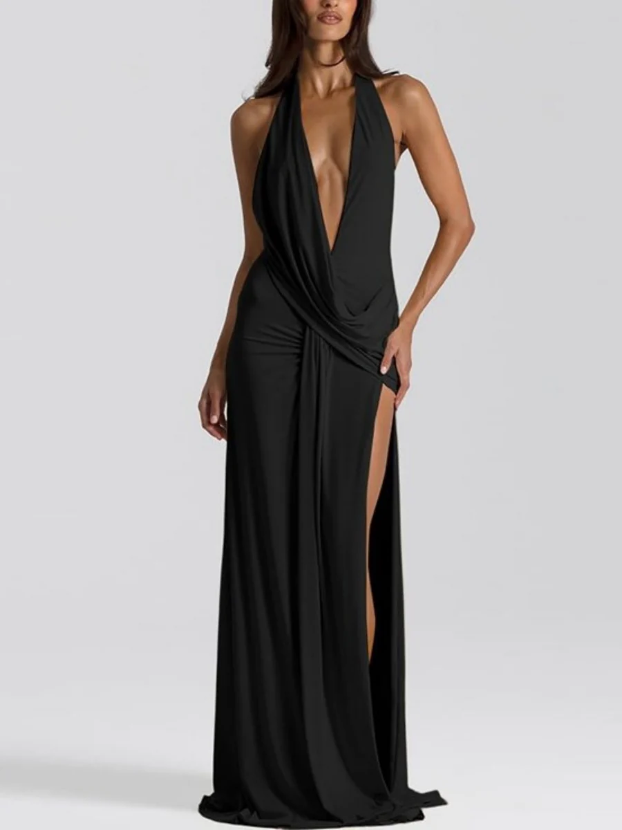 Deep V-neck Backless Gathering Slit Parties Maxi Dresses - Image 10