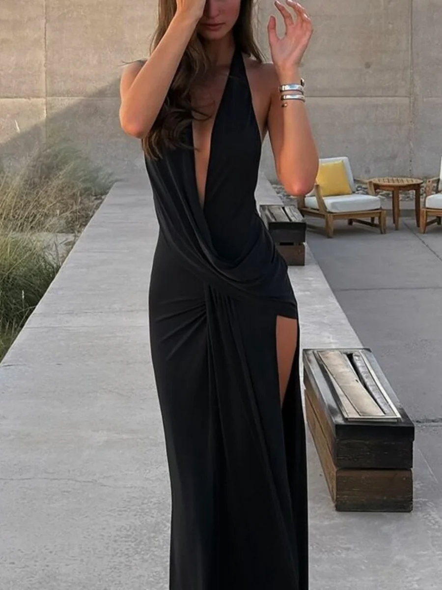 Deep V-neck Backless Gathering Slit Parties Maxi Dresses - Image 7