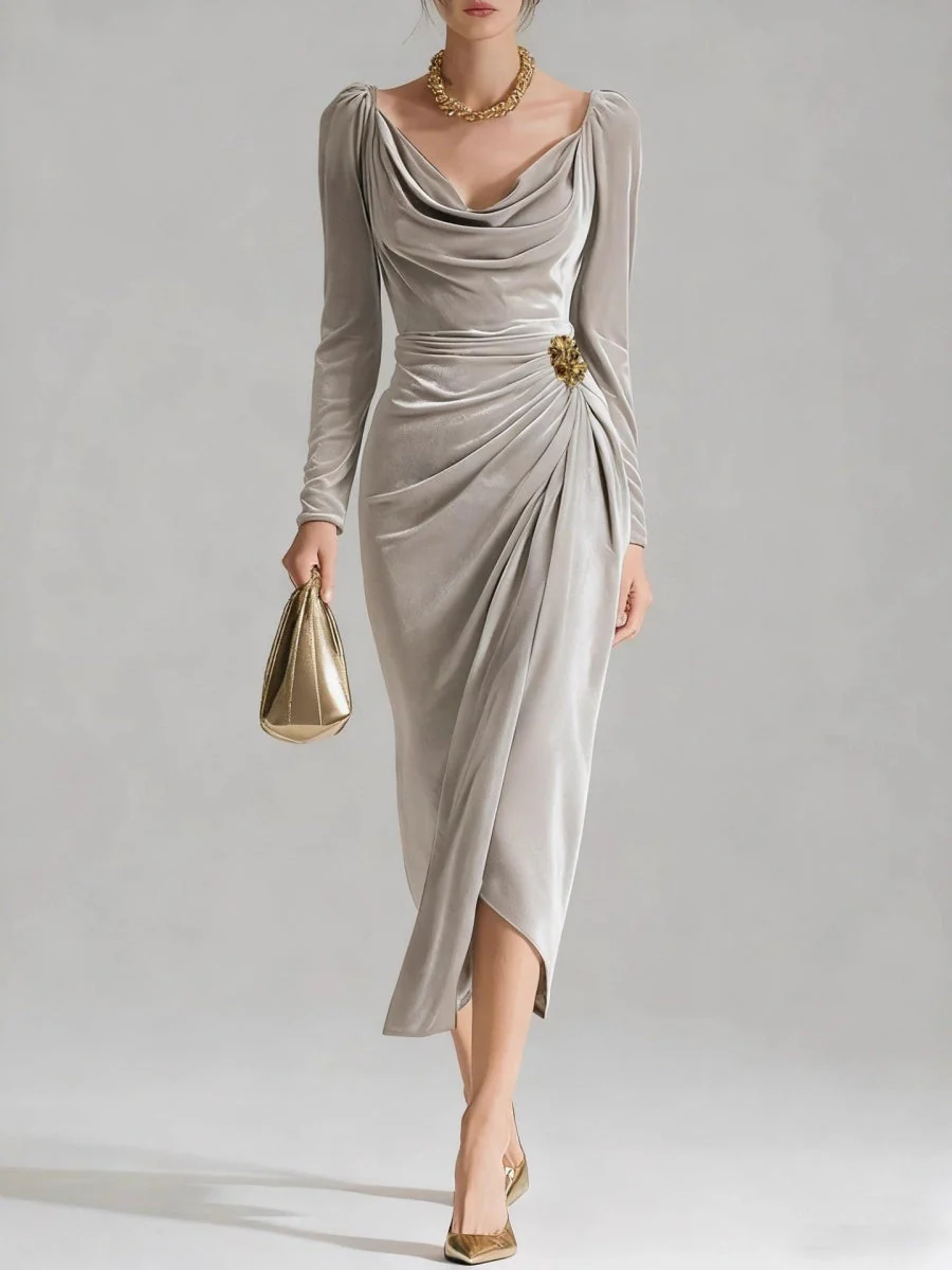 Velvet Cowl Neck Midi Party Dress - Image 9