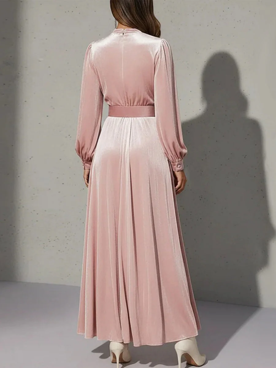 Waist Long Skirt Solid Color V-neck Velvet Long Sleeve Midi Dresses - Image 2